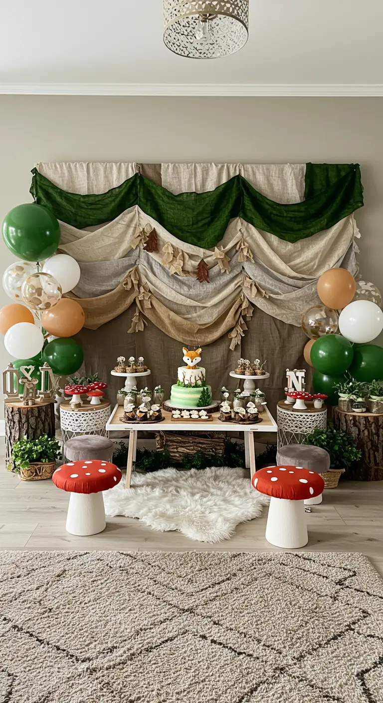 Groene en beige gedrapeerde stoffen achter een bosthema desserttafel.