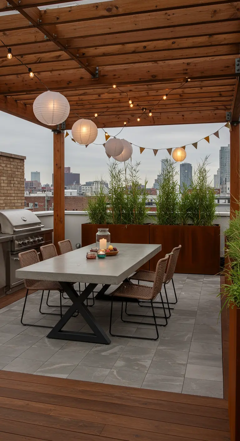 Dakterras met een pergola, een betonnen tafel en een mix van lichtslingers en papieren lampionnen.