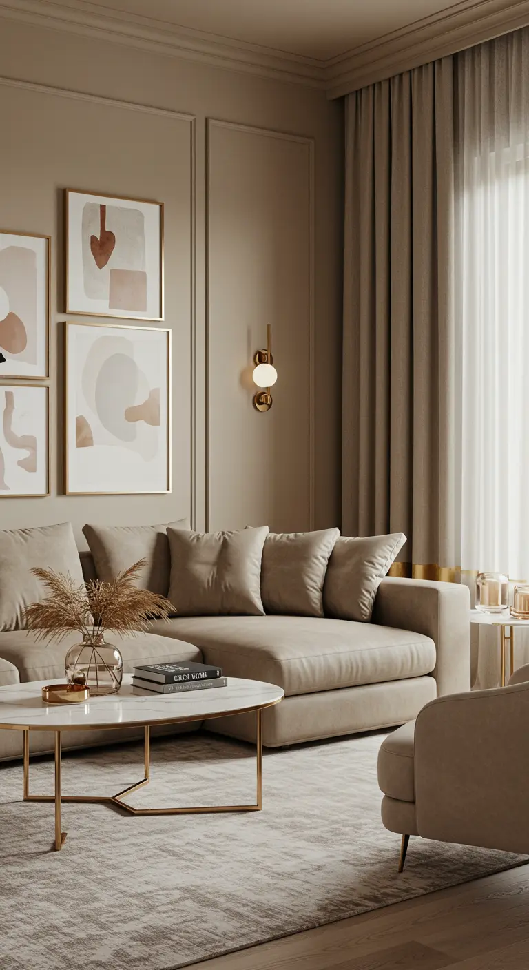 Monochrome woonkamer in beige tinten met een gouden wandlamp en abstracte kunst.