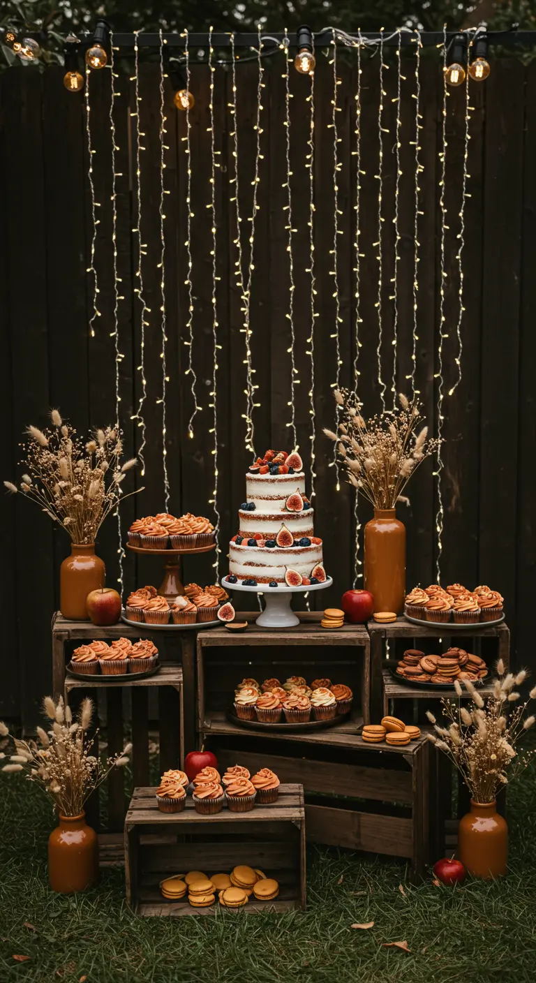 Desserttafel met taart en cupcakes, gepresenteerd op gestapelde houten kistjes en verlicht door fairy lights.