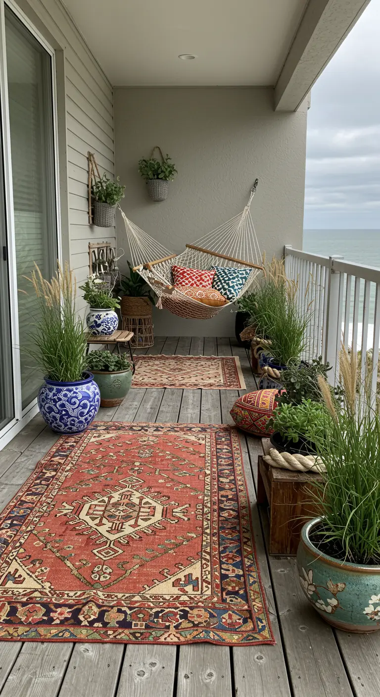 Balkon met uitzicht op zee, een hangmat, meerdere Perzische tapijten en diverse plantenpotten.