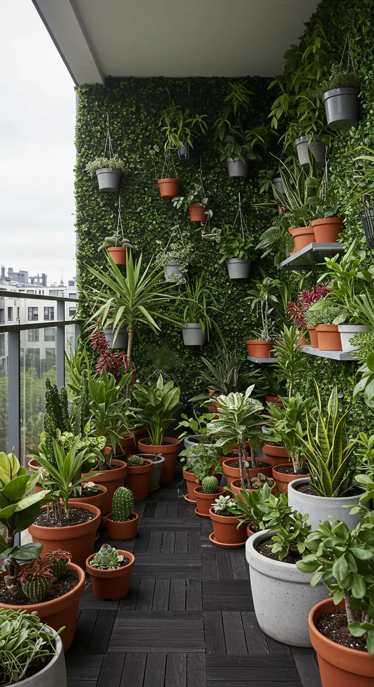 Balkon vol met een diverse mix van planten in verschillende potten, op de grond en hangend.