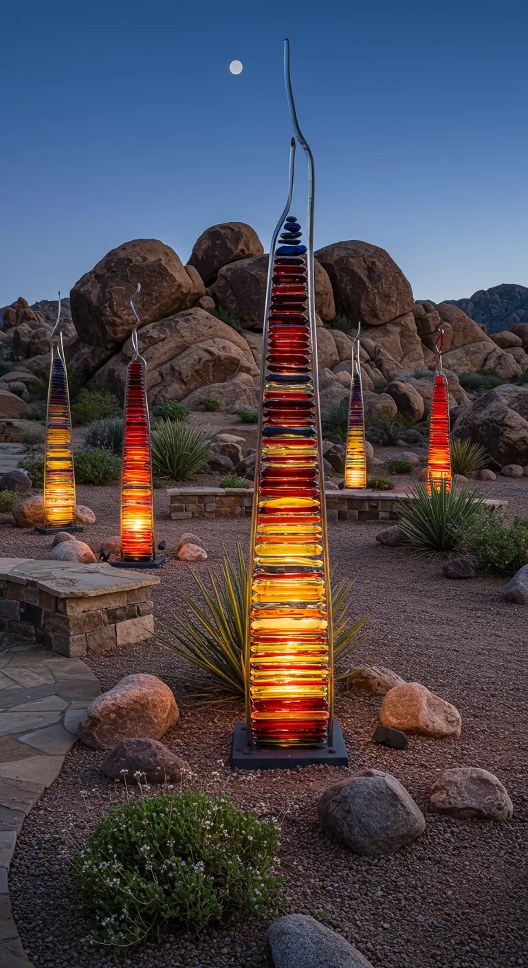 Woestijnlandschap met vijf hoge, verticale glazen sculpturen die lijken op totems, verlicht met oranje en rode tinten.