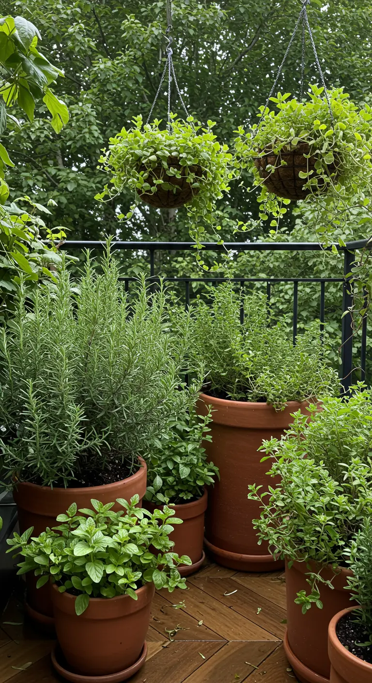 Balkon met een weelderige verzameling kruiden in potten van verschillende hoogtes.