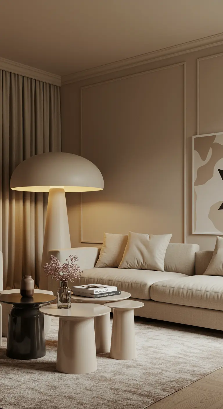 Neutrale woonkamer met een grote paddenstoellamp en een set van drie ronde salontafels.