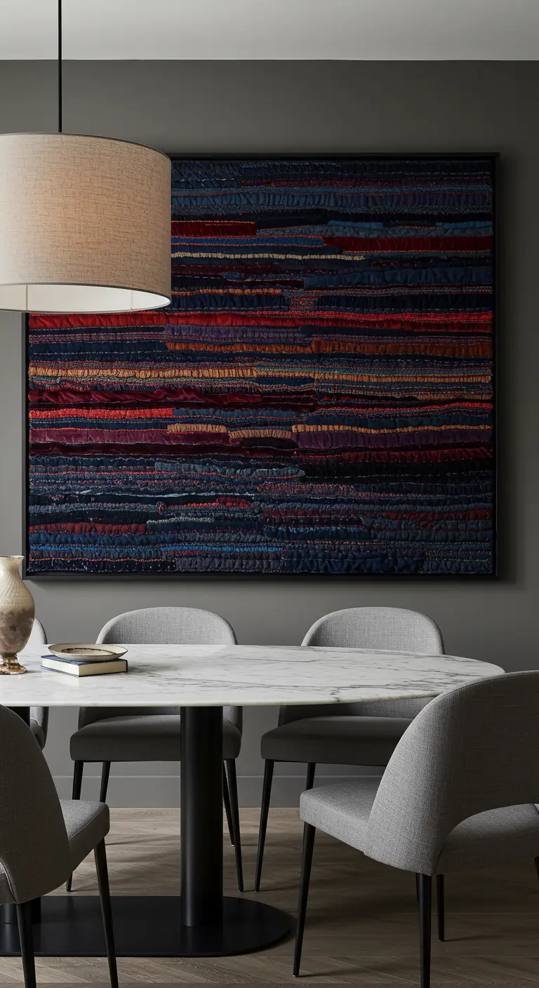 Moderne eetkamer met een groot, kleurrijk textielkunstwerk aan een grijze muur.