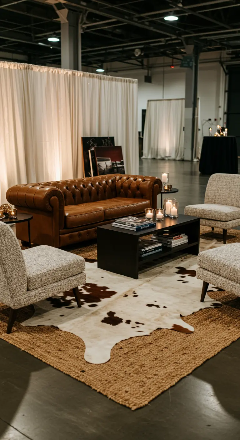 Loungehoek met een leren Chesterfield, moderne stoelen en een gelaagd tapijt.