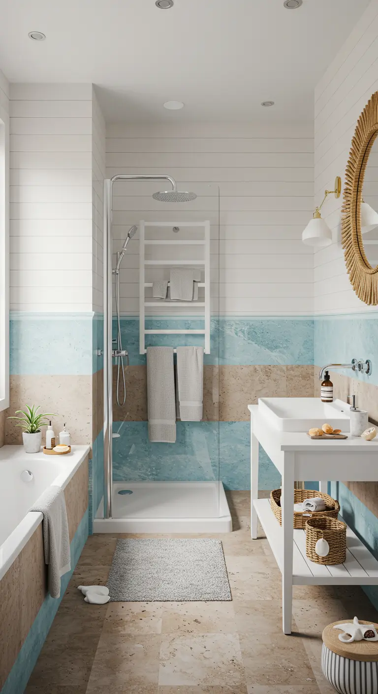 Badkamer met horizontale banen van beige, blauwe en witte tegels en panelen.