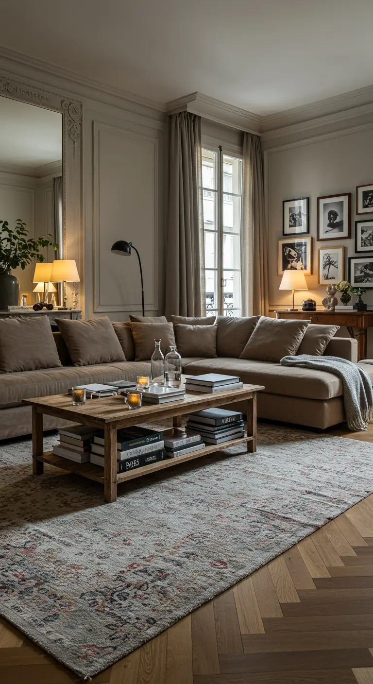 Grote woonkamer met taupe hoekbank en een groot, gedessineerd vloerkleed