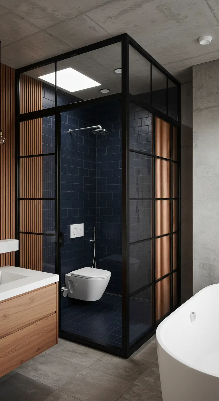 Industriële badkamer met beton, houten latten en een donkerblauwe douche.