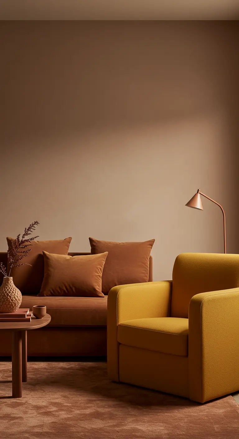 Woonkamer met terracotta bank en een okergele fauteuil in een ton-sur-ton kleurenschema.