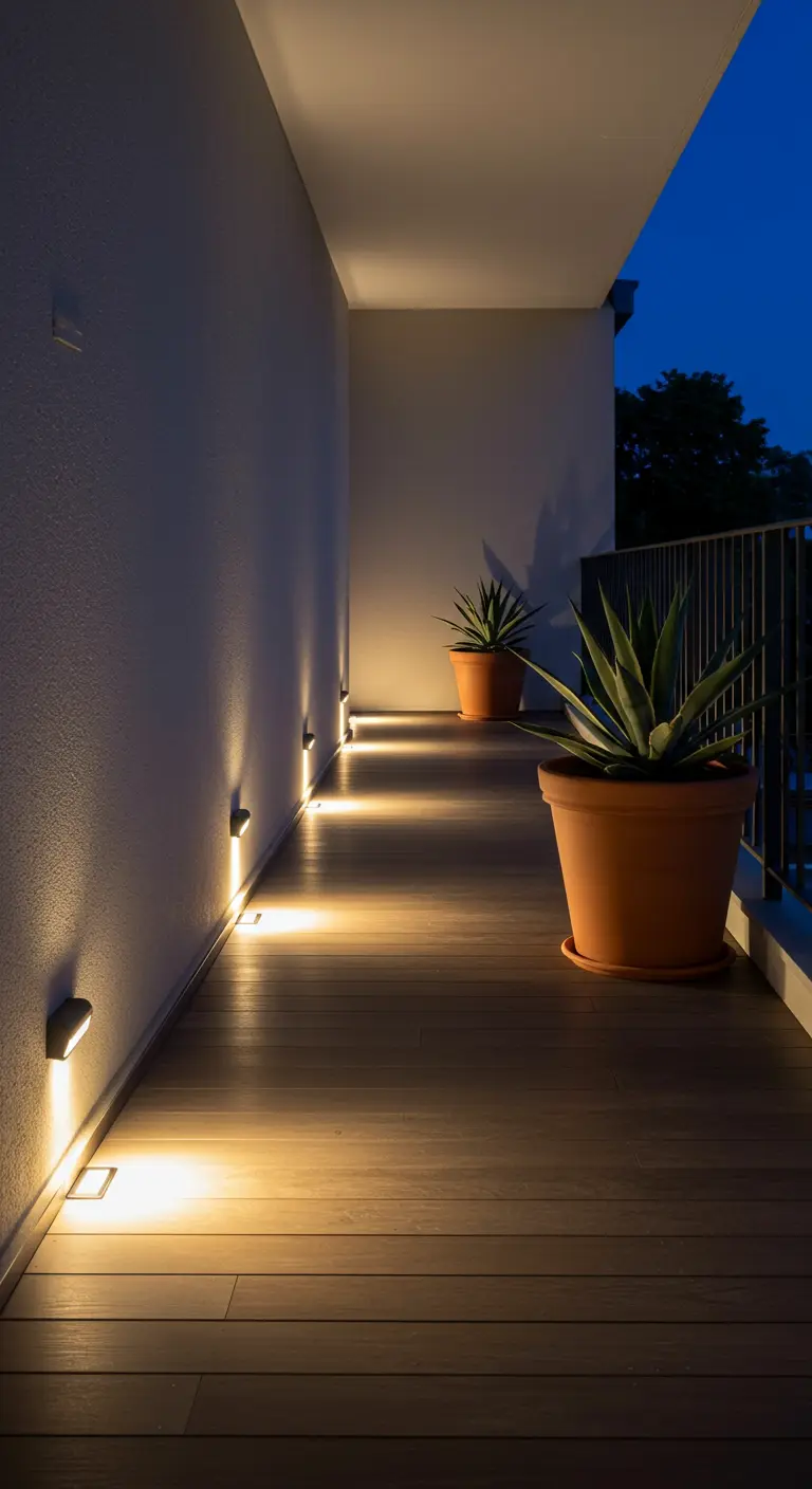 Een houten balkonvlonder wordt 's avonds verlicht door een reeks lage, warmwitte wandlampen.
