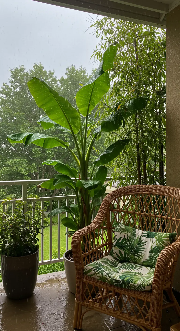 Uitzicht vanaf een overdekt balkon op een regenachtige dag, met een bananenplant op de voorgrond.
