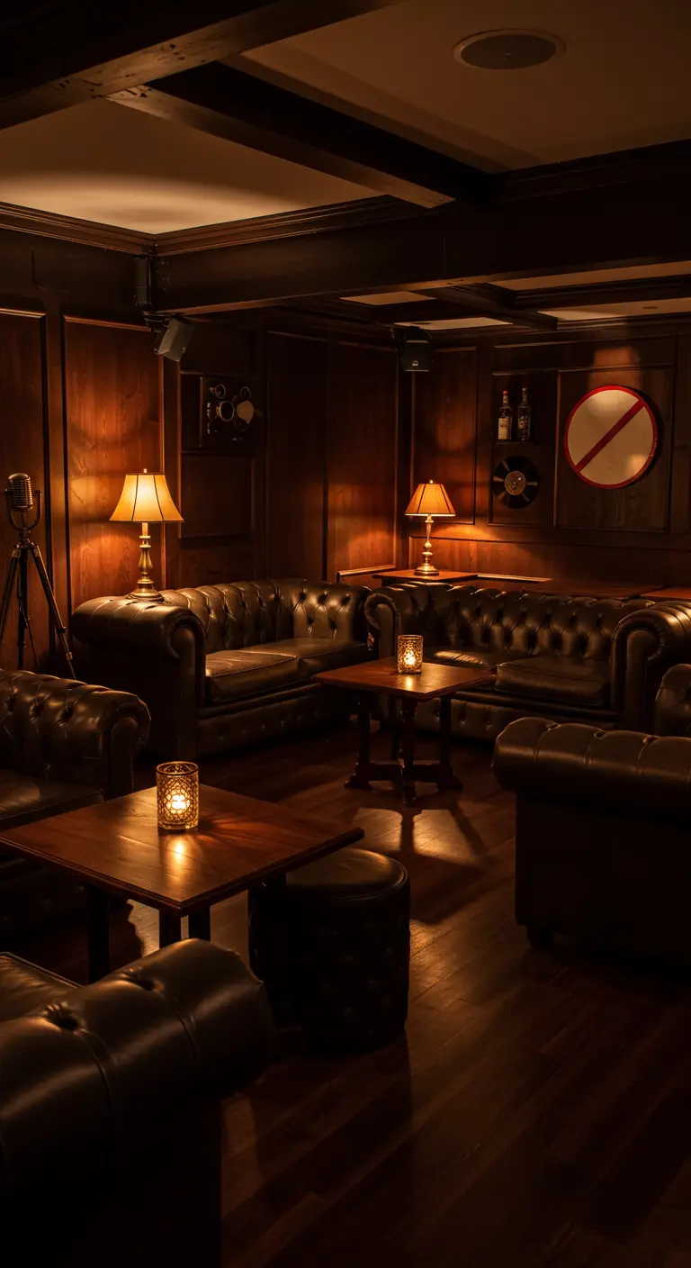 Donkere gentleman's club met leren banken, houten lambrisering en warme verlichting.