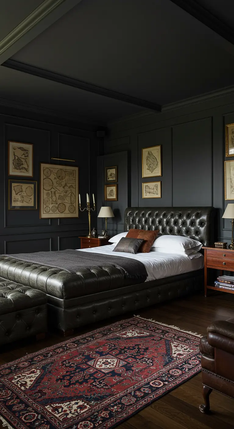 Donkere slaapkamer met getuft leren bed, antieke kaarten en klassieke meubels.