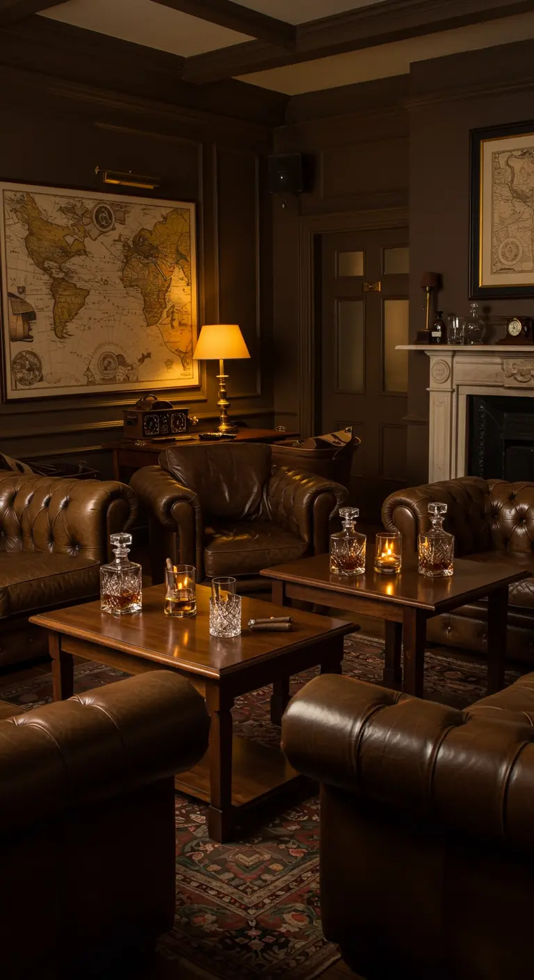 Klassieke gentleman's lounge met lederen meubels, decanters, een wereldkaart en open haard.