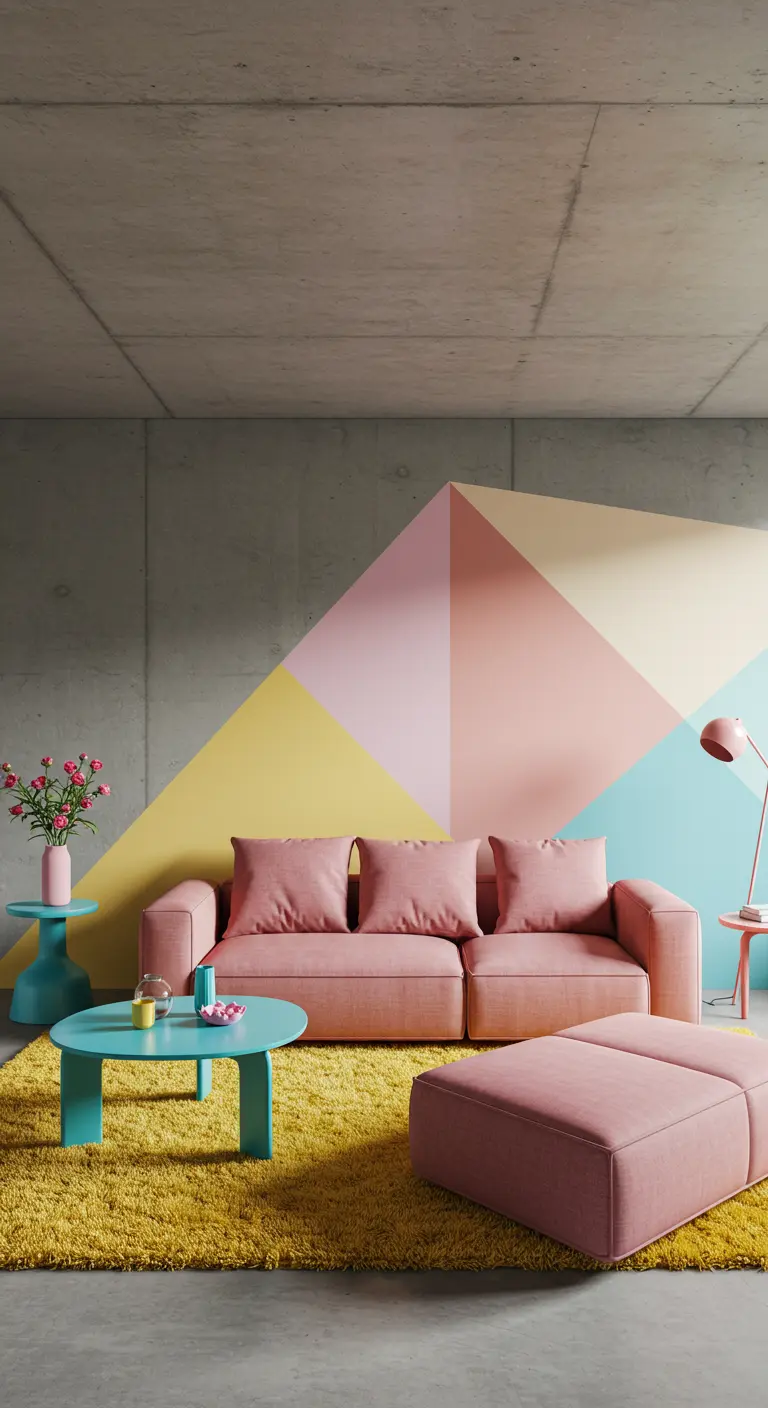 Woonkamer met betonnen muren en een grote geometrische muurschildering in pastelkleuren.