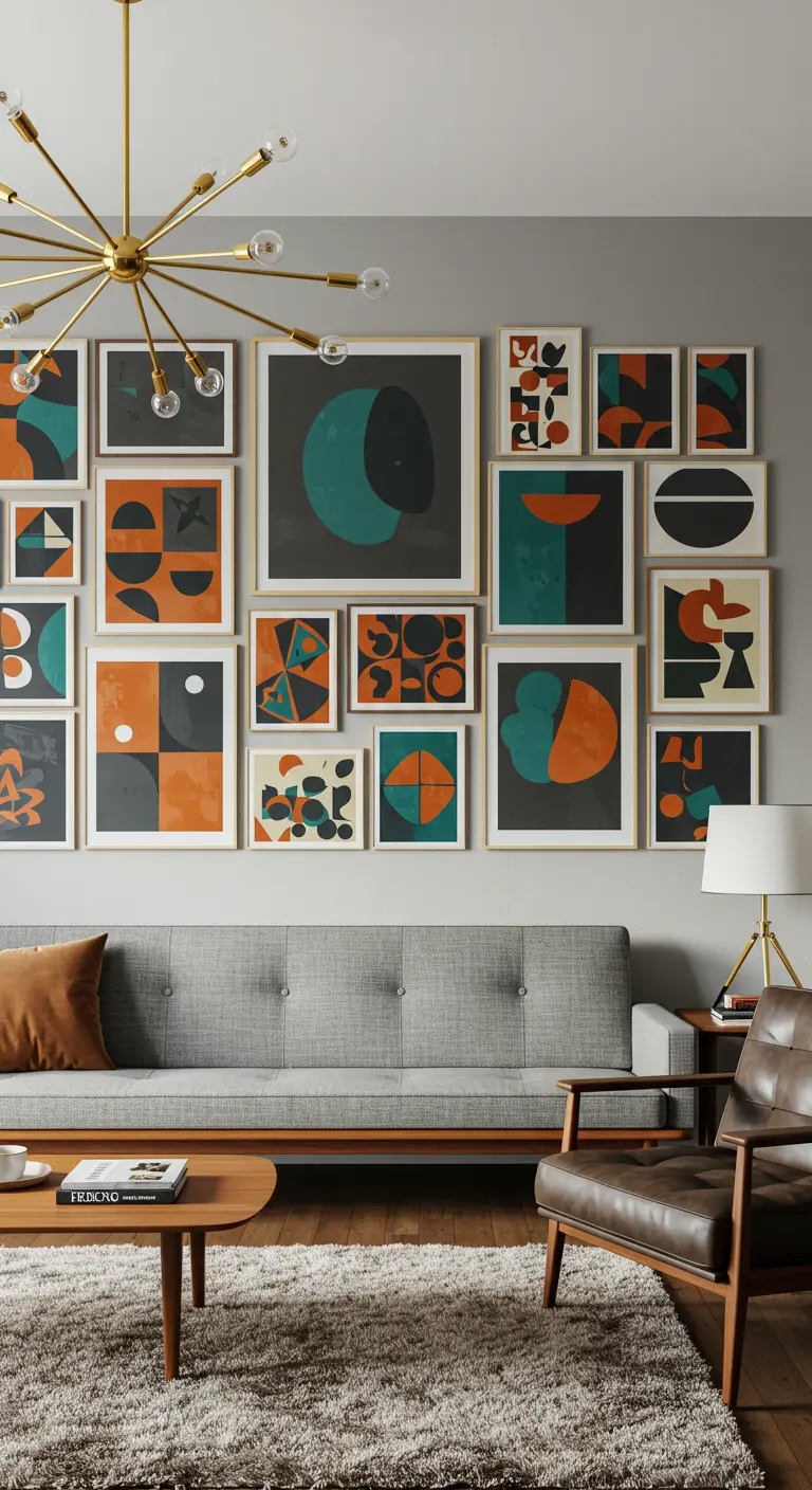 Galerijmuur met abstracte geometrische kunst in oranje en groenblauw boven een grijze bank.