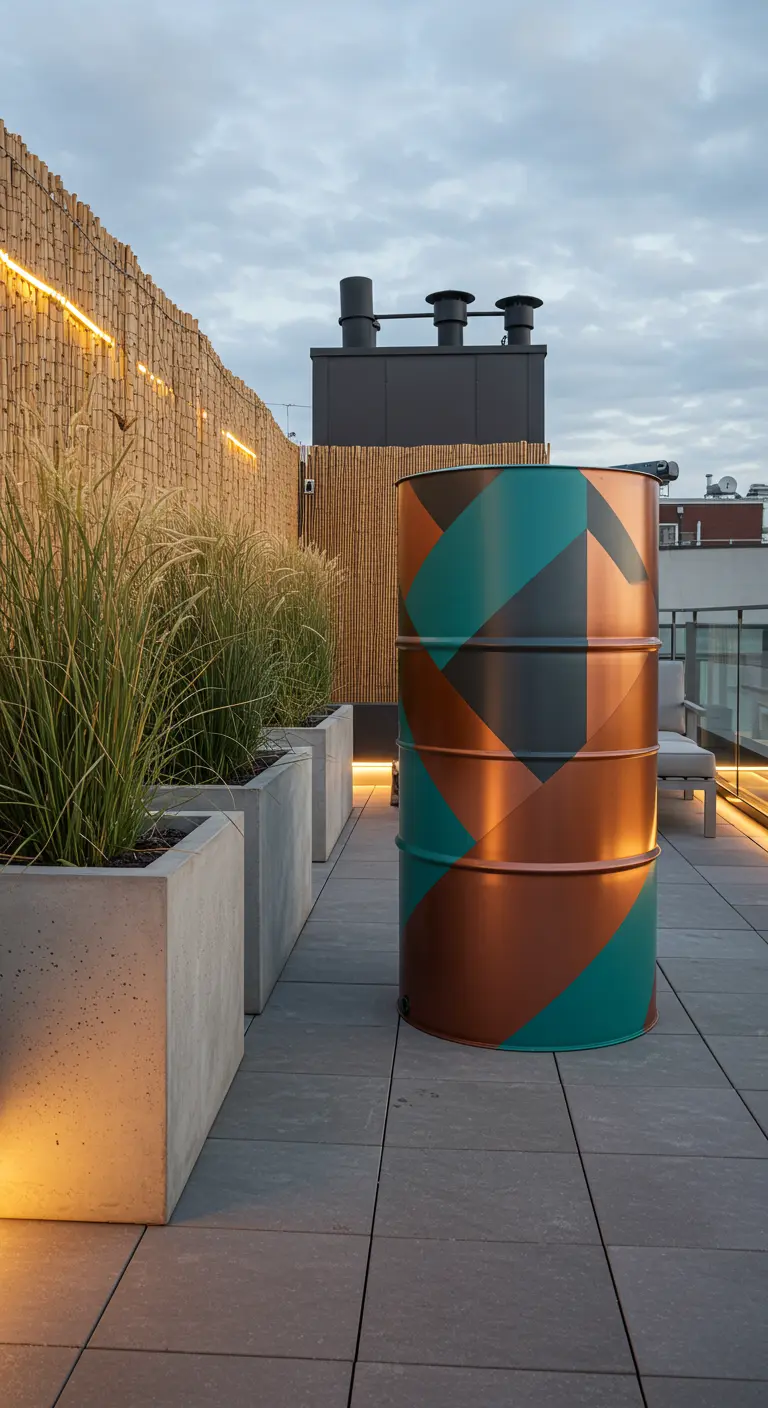 Grote metalen olievat regenton met geometrisch patroon in koper en turquoise op modern dakterras.