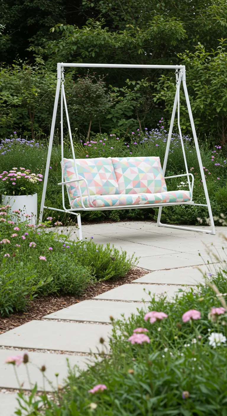 Witte moderne schommelbank met geometrische pastelkussens in een groene tuin.