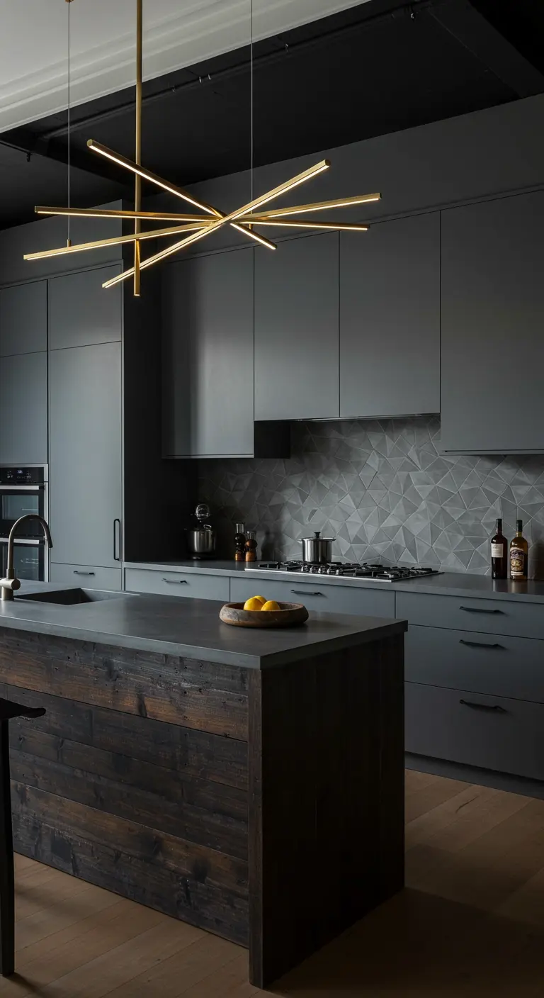 Donkergrijze keuken met plafondhoge kasten, geometrische achterwand en gouden lineaire kroonluchter.