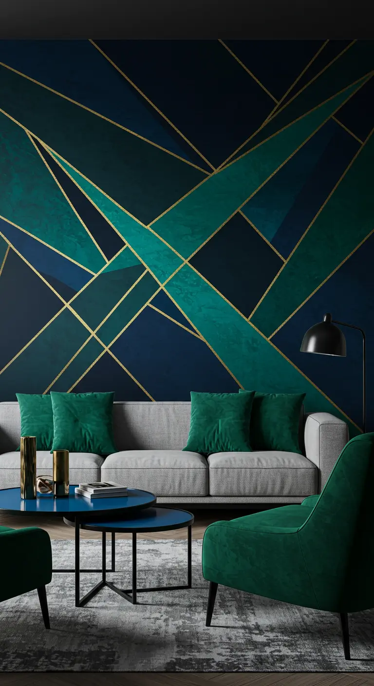 Woonkamer met een geometrisch muurschildering in blauw, groen en goud, met een grijze bank.