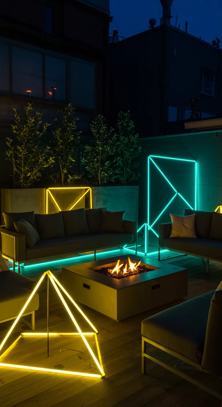 Tuinterras met een vuurplaats, omringd door lichtgevende geometrische vormen in geel en cyaan.