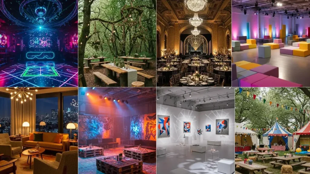 Verschillende feestlocaties met geometrische vormen in decor, van strakke lichtshows tot speelse meubels.