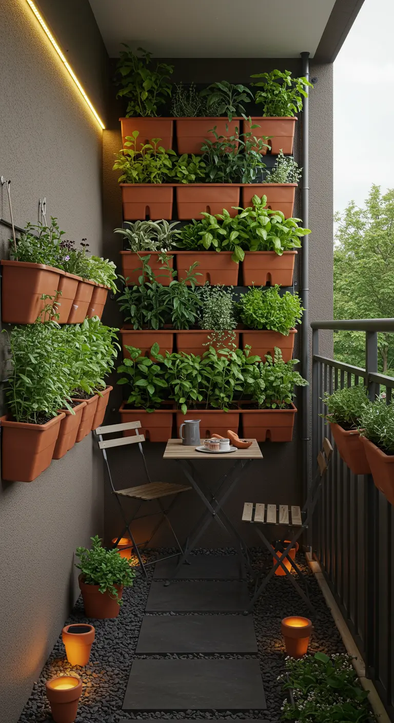 Verticale kruidentuin op smal balkon met terracotta bakken en kleine eethoek.