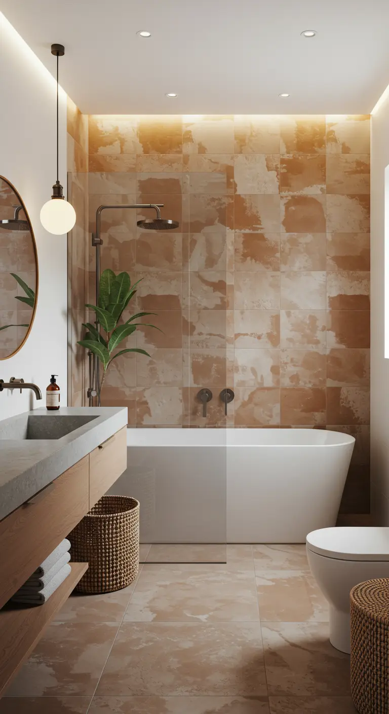 Moderne badkamer met verweerde terracotta-look tegels en een strak wit bad.