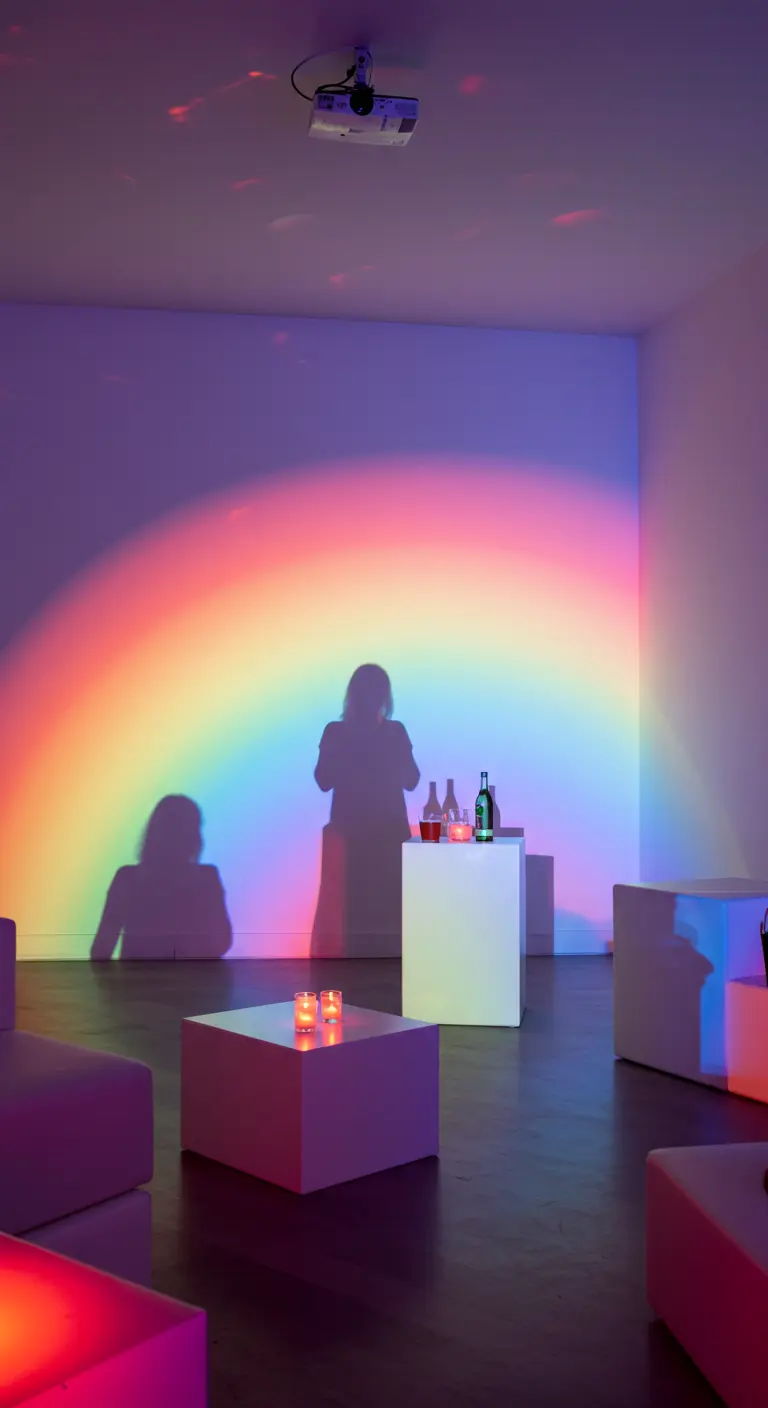 Een grote regenboog geprojecteerd op de muur van een donkere kamer.