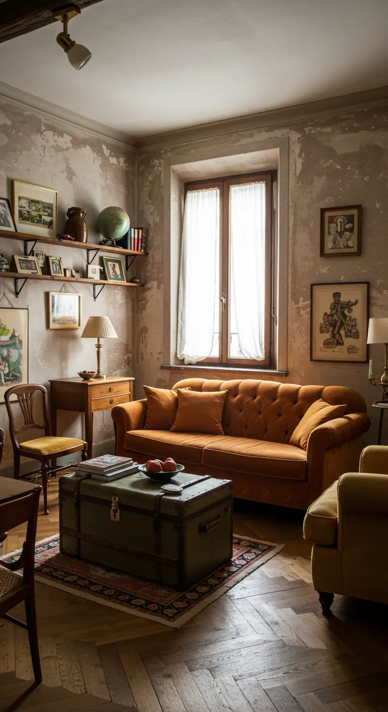 Vintage woonkamer met verweerde muren, oranje bank, antieke kist en galerijwand.