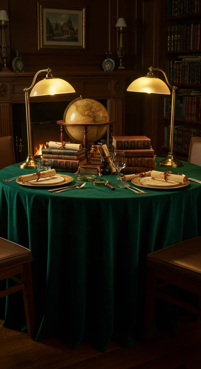 Ronde tafel met groen kleed en bureaulampen in een donkere bibliotheek.