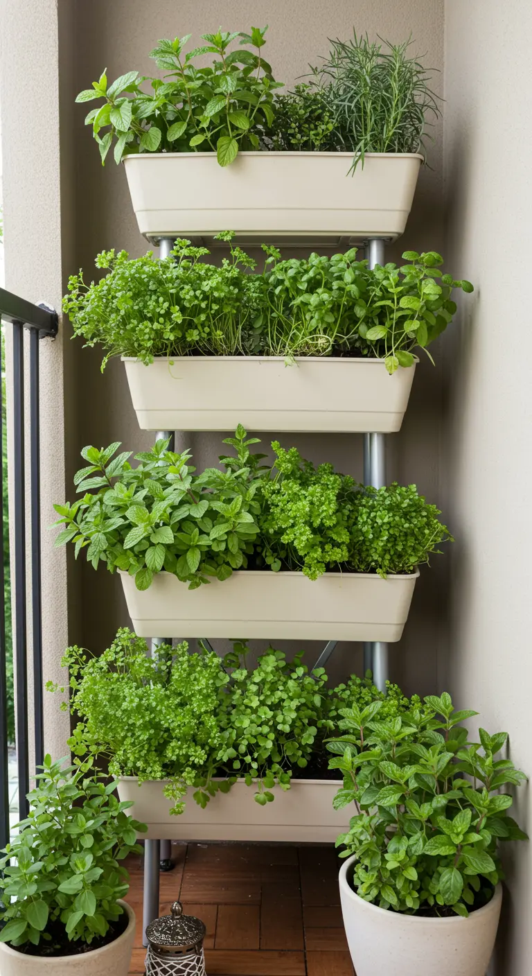 Witte etagère met vier lagen, volledig gevuld met diverse groene kruiden.