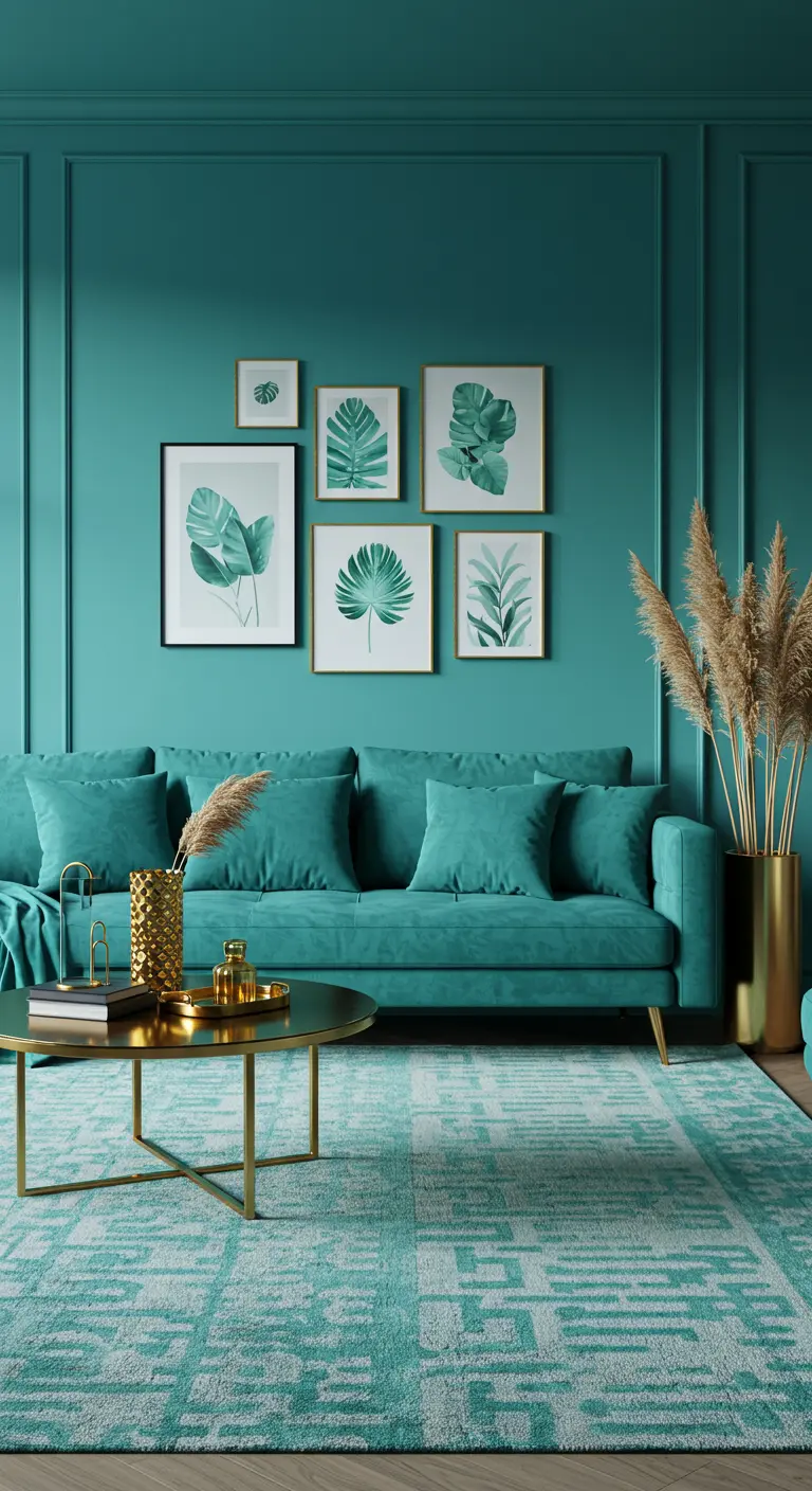 Moderne woonkamer met diepgroene muur, turquoise bank en botanische prints.