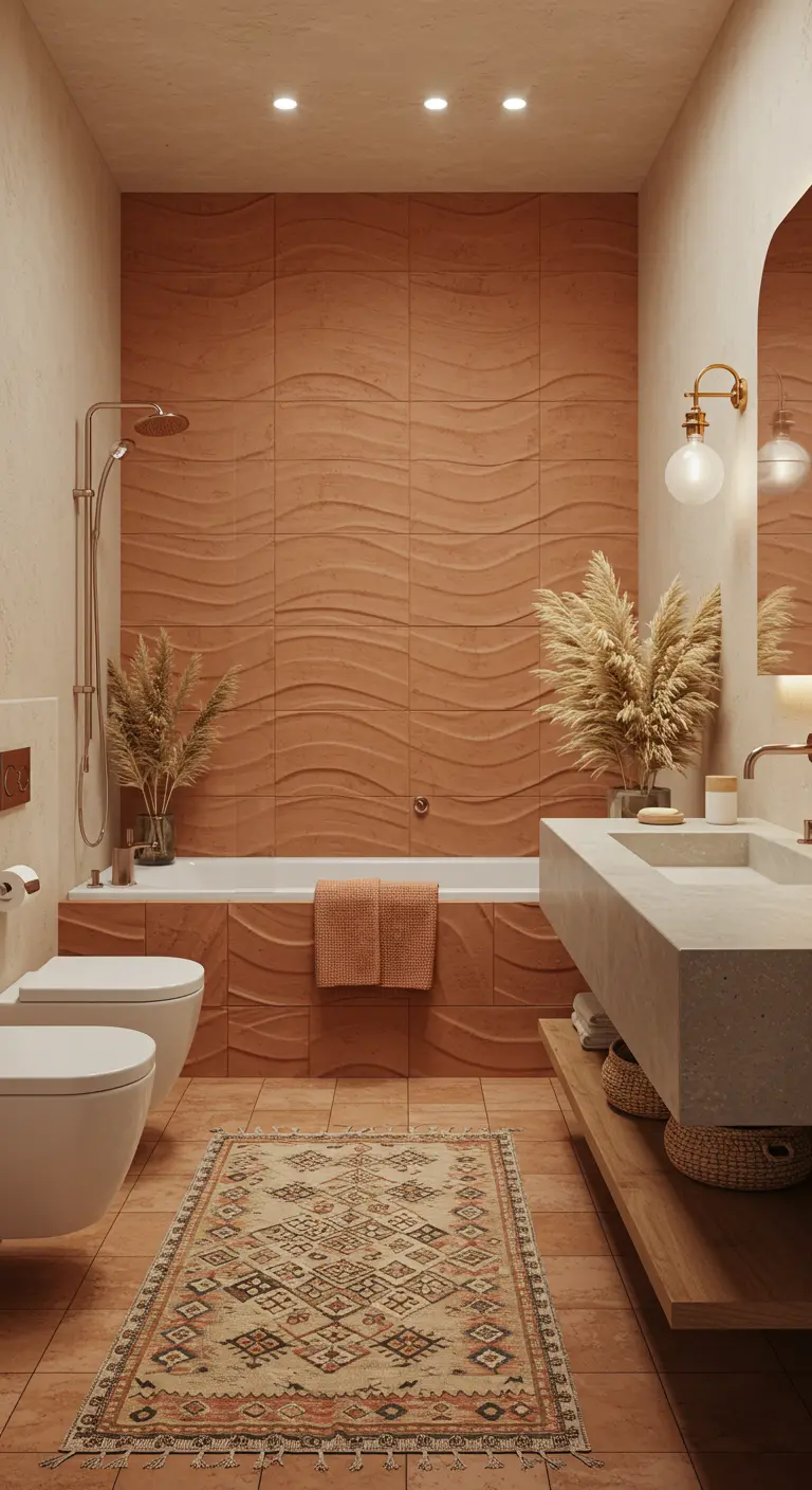 Badkamer met terracotta 3D-tegels met een golvend patroon en pampasgras.