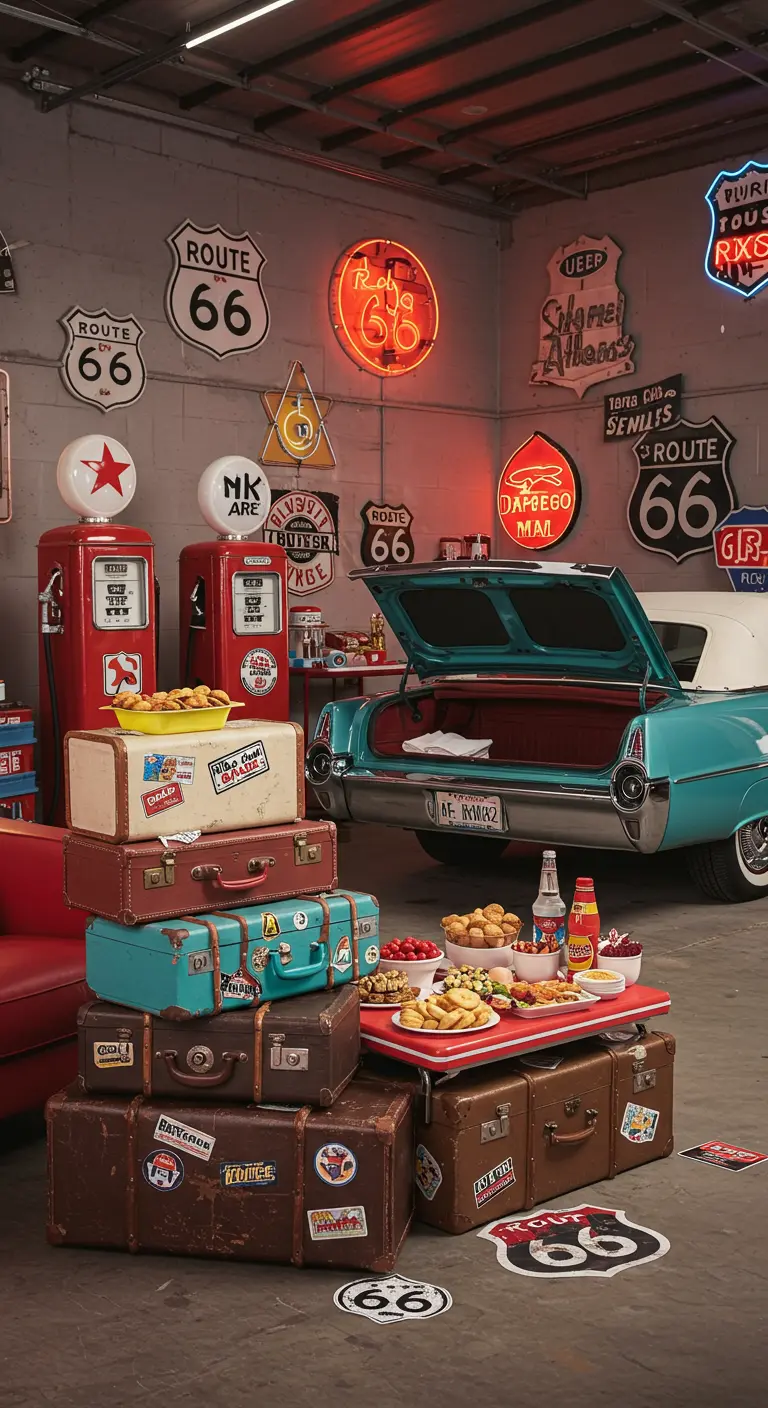 Retro feest met Route 66-thema, oldtimer en gestapelde koffers.