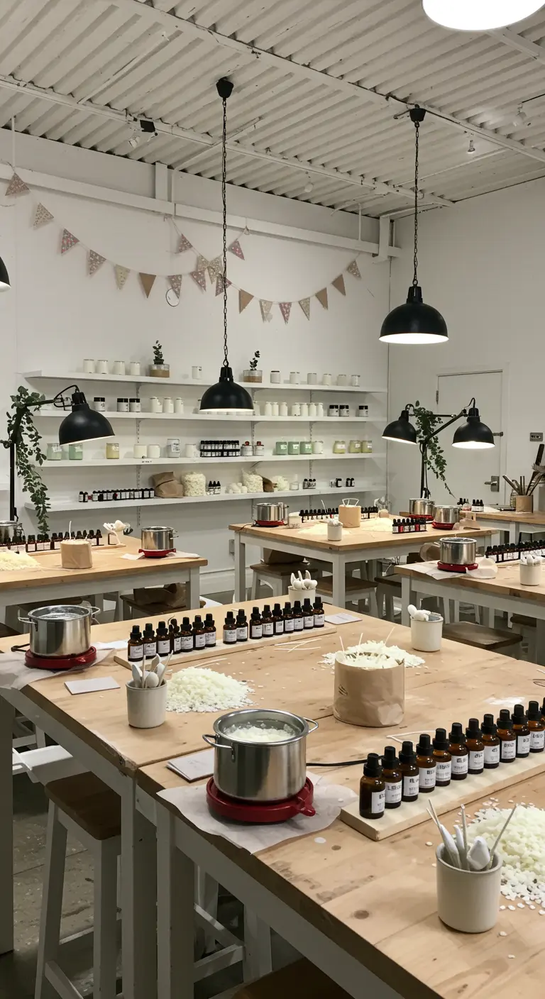 Een workshopruimte ingericht voor het maken van geurkaarsen.