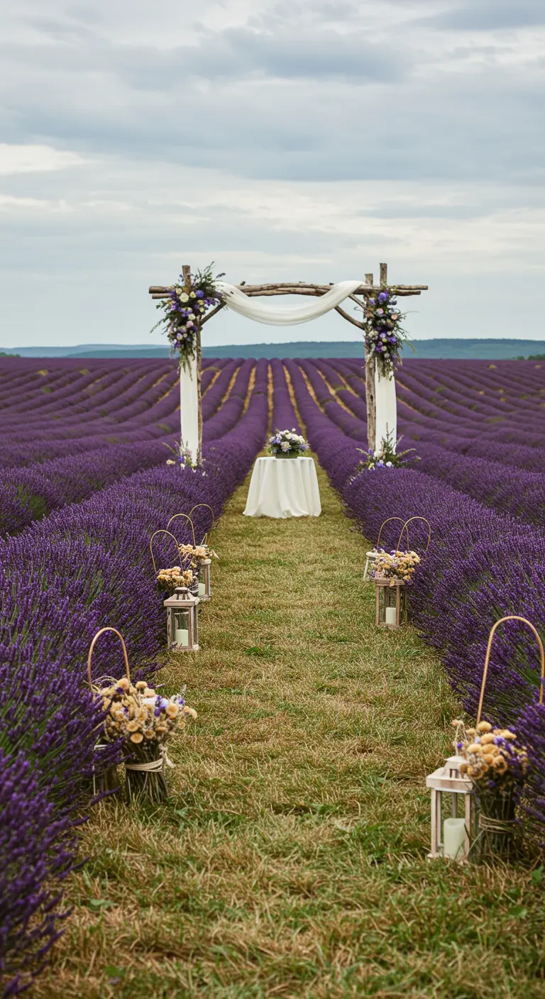 Trouwceremonie in een uitgestrekt lavendelveld met een rustieke houten boog.