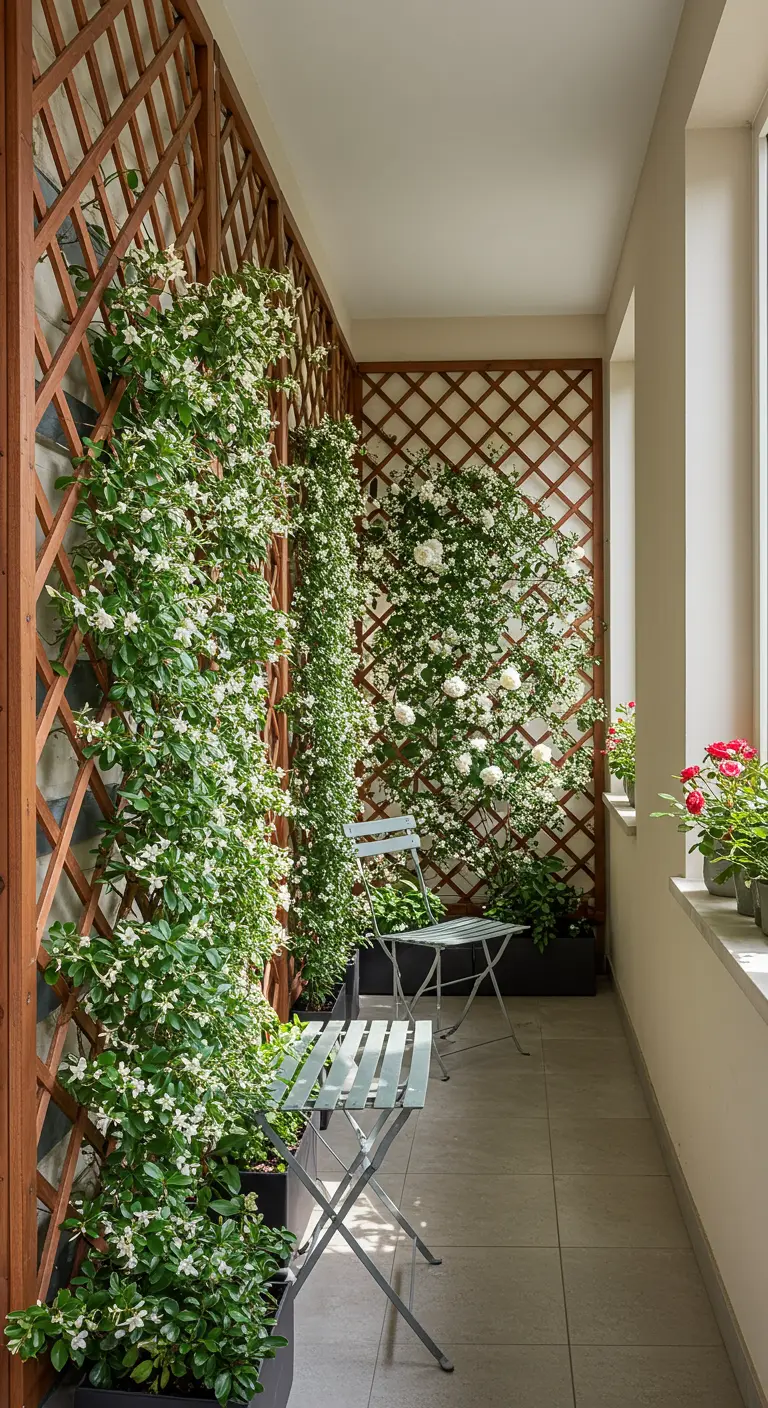 Balkon met houten lattenwerk waar witte jasmijn tegenop groeit voor schaduw.