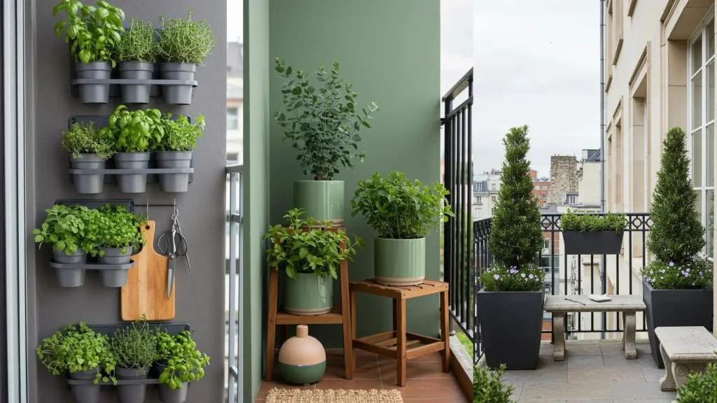 Balkonideeën met diverse geurige kruiden in potten, inclusief een verticale kruidentuin voor je balkon.