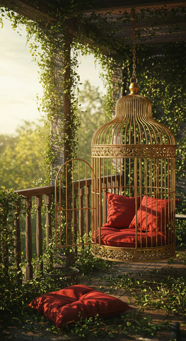 Goudkleurige hangstoel in de vorm van een vogelkooi op een veranda vol klimop.