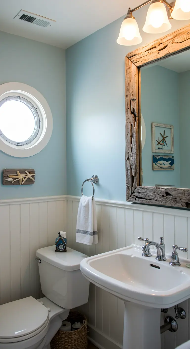 Badkamer met nautische sfeer, een spiegel met drijfhouten lijst en een rond patrijspoort-raam.