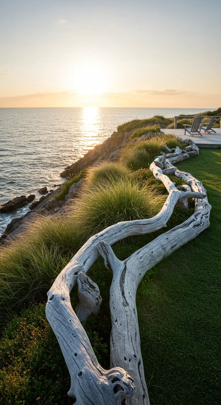 Sculpturale border van groot, verweerd drijfhout langs een grashelling bij de zee.
