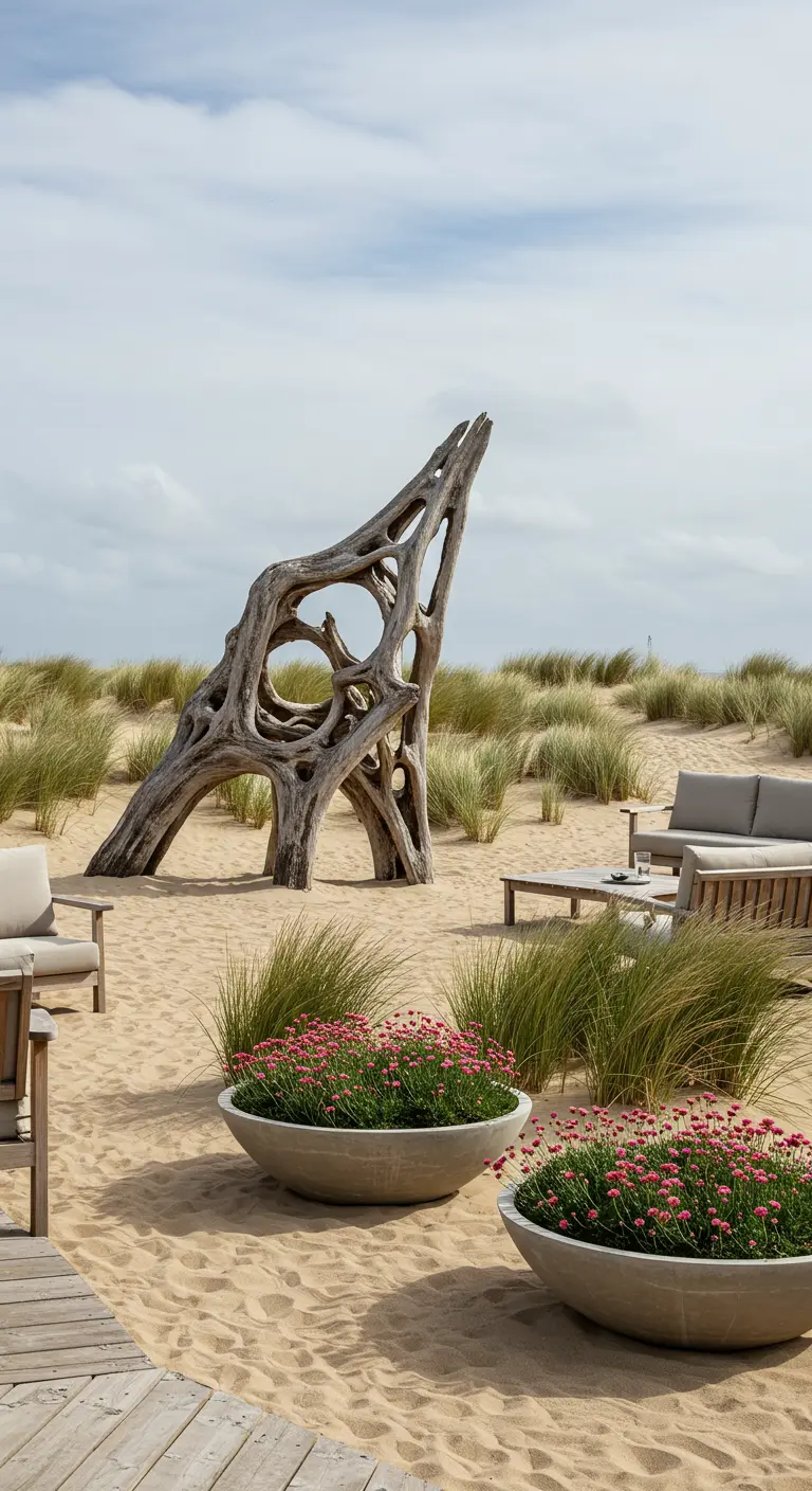 Groot, grillig stuk drijfhout als sculptuur in een zanderig duinlandschap.