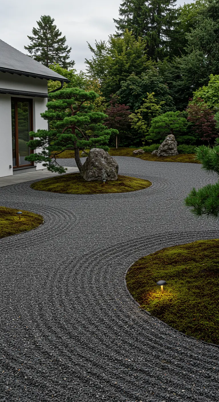 Japanse zen-tuin met geharkt donker grind, mosvlakken, pijnbomen en rotsen.