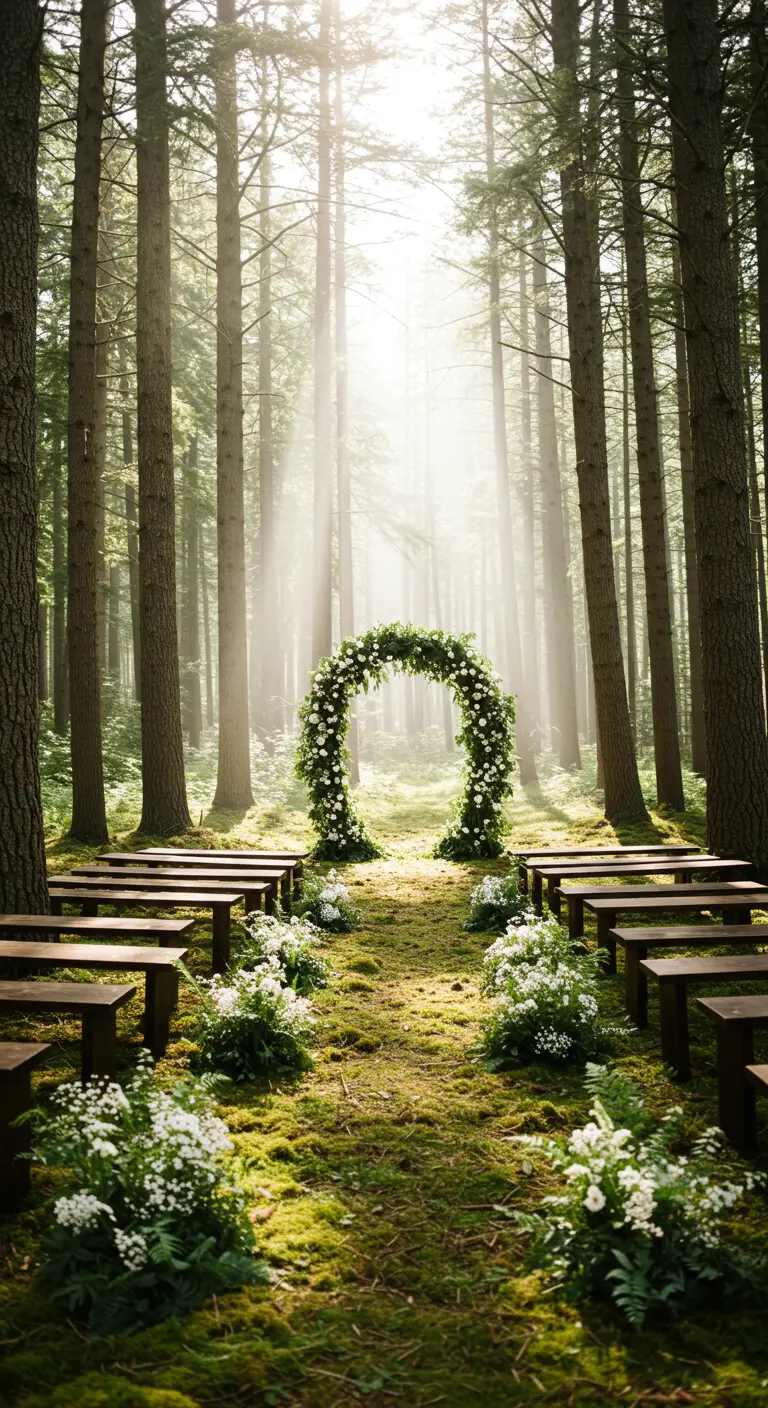 Ceremonieplek in een bos met een weelderige witte bloemenboog en houten bankjes.