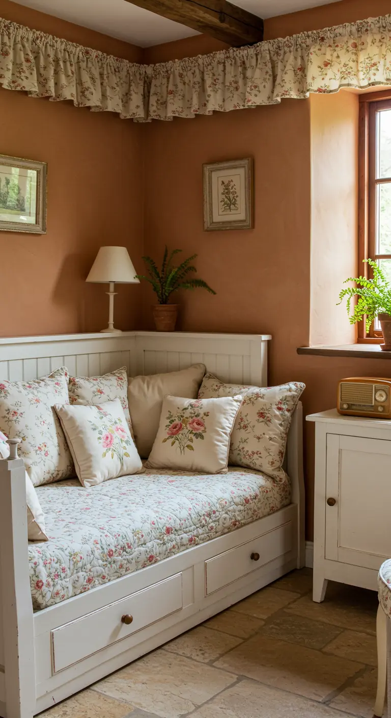 Gezellige dagbed hoek met terracotta muur, bloemenkussens en ingebouwde opberglades.