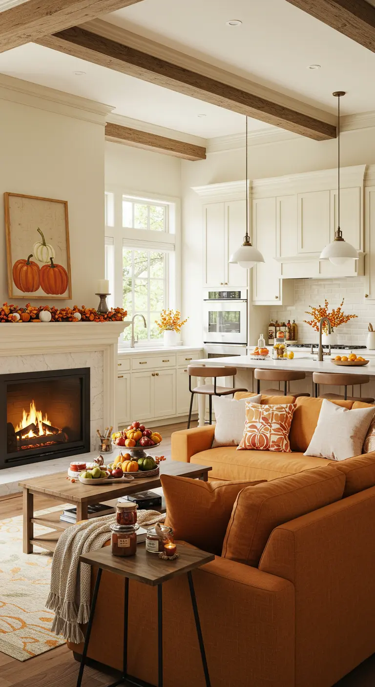 Open woonkeuken met oranje bank, witte keuken, haard en herfstdecoratie.