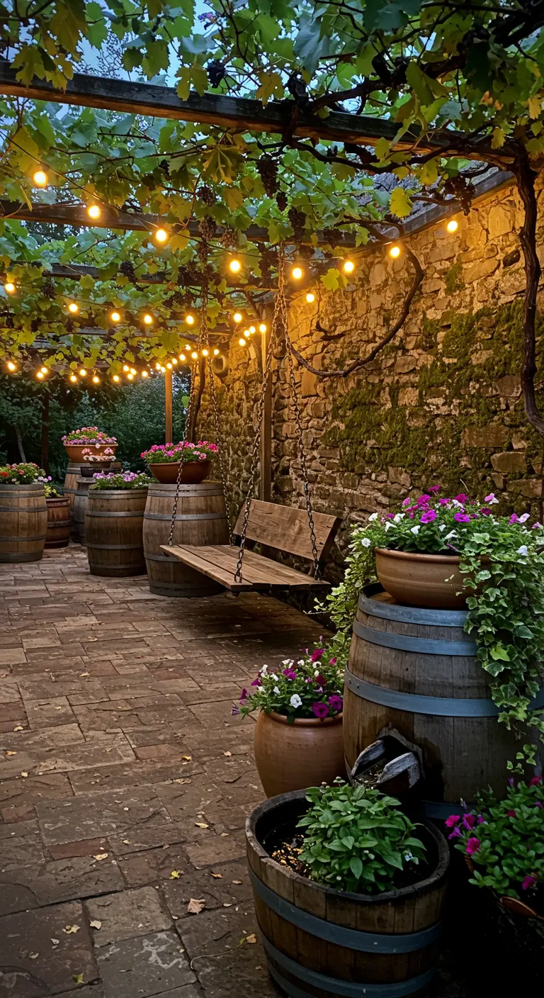 Houten schommelbank onder met druivenranken begroeide pergola met lichtslingers en wijnvatplanten.